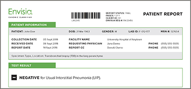 Screenshot of a patient report showing a positive Envisia test. Includes patient information and the result.