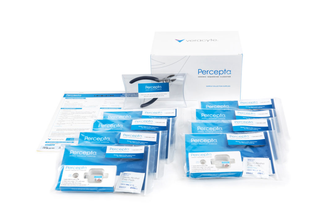 Photo of the Percepta GSC collection kit, showing an order form, pliers, a box, and several individually packed collection kits.
