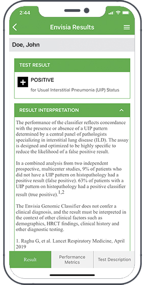 A smart phone showing the test results for an Envisia test. In the example, the test is positive and text interpretation is provided with references.